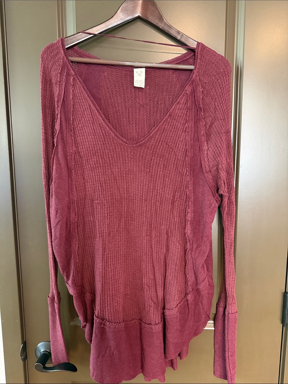 We The Free Burgundy Waffle V-Neck Short Sleeve Top